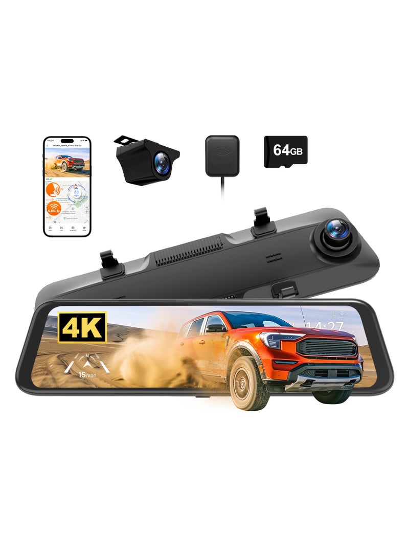 WOLFBOX G850Pro 4K Mirror Dash Cam with ADAS, Dual Camera Front 4K + Rear 1080P, 12" Touch Screen, GPS, 5.8GHz WiFi, 64GB Card Included - Image 1